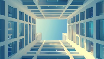 Looking up from the courtyard of a modern building complex showcasing a clear blue sky on a bright day in an urban environment