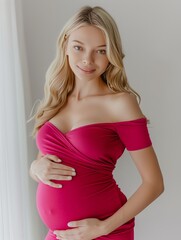 a beautiful model pregnant woman in vivid dark pink tight dress, 25 year old, ash blonde hair