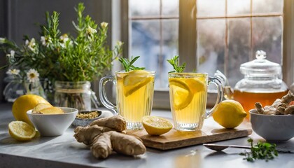 Vitamin C Boost: Fresh Lemon and Ginger Tea in Kitchen Setting