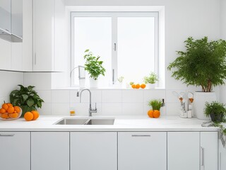 Fototapeta na wymiar Interior elements of a modern, minimalistic white kitchen. Chic white quartz countertop with window, wall cabinet, oranges, potted plant, and kitchen sink with water tap