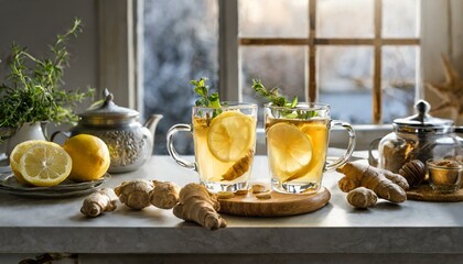 Winter Warmth: Fresh Lemon and Ginger Tea in Glass Cups on Kitchen Table