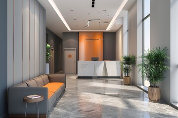 Fototapeta premium Modern reception area with a sleek design featuring an orange accent, comfortable seating, and plants, creating an inviting atmosphere in a corporate office during daylight hours