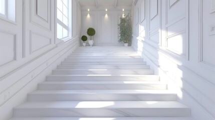 Elegant White Staircase Adorned with Decorative Frames in Bright and Minimalist Interior