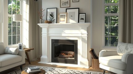 Cozy White Fireplace Mantel Adorned with Framed Art and Decor Elements Creating a Charming Focal Point - obrazy, fototapety, plakaty