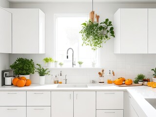 Interior elements of a modern, minimalistic white kitchen. Chic white quartz countertop with window, wall cabinet, oranges, potted plant, and kitchen sink with water tap