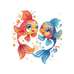 6Vibrant illustrations of two pairs of koi fish in motion, their colors and swirling patterns evoking a dynamic and playful dance underwater, dotted with bubbles.
