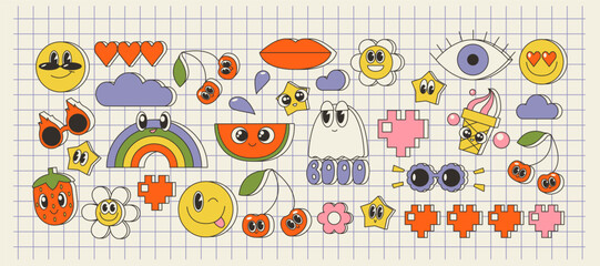 Cool Groovy Stickers, Y2k Patches. Pop Art Illustration Vector Design, cute cartoon set of stickers