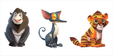 A series of charming illustrations showing a variety of jungle animals, such as lions, elephants, and giraffes, depicted in a whimsical, cartoonish style with vivid colors.
