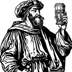 A historical figure raises a toast with a beer, ideal for traditional pubs or historical theme bars