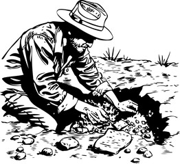 a gold prospector pans in a river, suitable for themes of history, exploration, and mining - obrazy, fototapety, plakaty