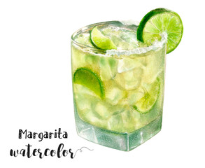 Watercolor illustration of Margarita cocktail drink close up. Design template for packaging, menu, postcards.  PNG