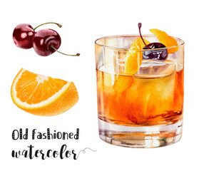 Watercolor illustration of old fashioned cocktail drink close up. Design template for packaging, menu, postcards.  PNG