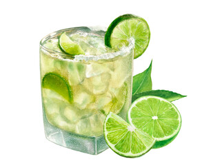 Watercolor illustration of Margarita cocktail glass with limes close up. Design template for packaging, menu, postcards. PNG