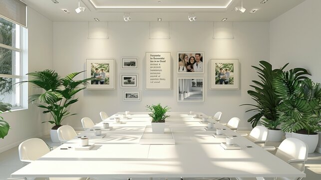 Inspiring White Conference Room with Motivational Quotes and Team Photos