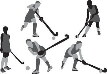 a collection of silhouette women playing field hockey