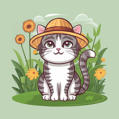 Adorable cat straw hat garden is Ideal cards and digital customized designs vector art
