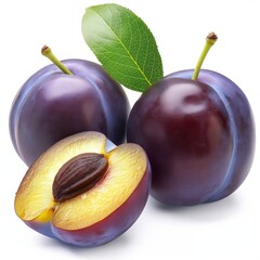 Juicy whole plums and a half with a stone on a white backdrop, vibrant and ripe, symbolizing organic produce.
