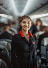 A beautiful young smiling flight attendant is standing in the aisle of the plane.