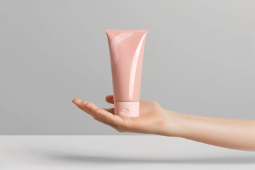 Woman hand showing cream bottle on white background. Product presentation, beauty concept. Copy space