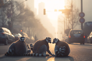 Ring-tailed lemurs gather on a city street at sunrise. Climate change - Powered by Adobe