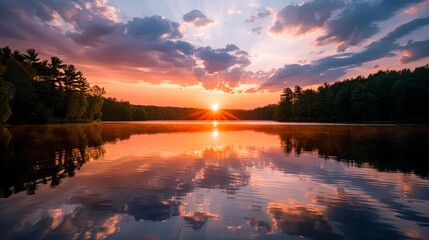 A sunset that paints the sky in a spectrum of fiery tones, reflecting on a calm lake, promising a new day of endless possibilities.