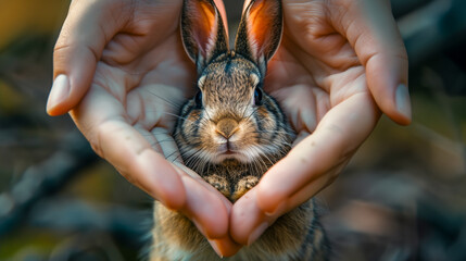 rabbit on the palms in the shape of a heart