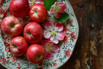 Artistic Apple flowers plate top view. Nature garden. Generate Ai