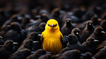 Solitary Yellow Bird Amongst Dark Flock, Conceptual Image - obrazy, fototapety, plakaty