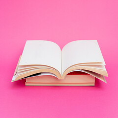 Books on a pink background creative education literature concept with place for text. 