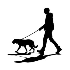 The black silhouette of Man Walking Dog Silhouette, Pet Care, Isolated on White Background