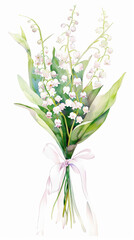 Fototapeta na wymiar Aesthetic watercolor flowers lily of the valley bouquet tied with ribbon, wedding concept. Invitation. Generative AI