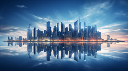 Urban Nightfall: Cityscape with Vibrant Sunset Reflections