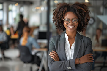 
Happy african american businesswoman standing in office with arms crossed and smiling at the camera  - obrazy, fototapety, plakaty