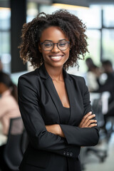 
Happy african american businesswoman standing in office with arms crossed and smiling at the camera 