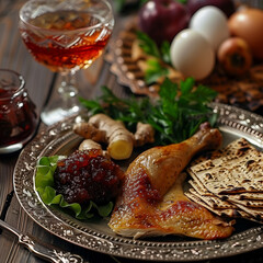 Jewish pesah dinner with matzoh, wine, eggs, chicken as symbols of pesach. Holiday postcard