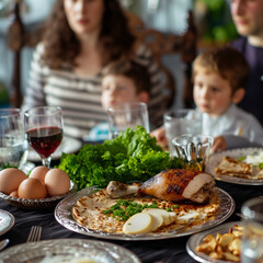 Jewish family at pesah dinner with matzoh, wine, eggs, chicken as symbols of pesach. Holiday postcard
