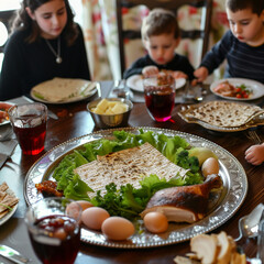 Jewish family is celebrating pesach at a holiday table with matzoh, wine, eggs, chicken at silver plate