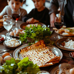 Family is having pesach dinner at a decorated table with symbold of holiday