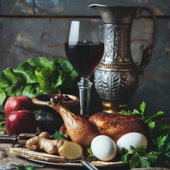Holiday table with matzoh, wine, eggs, chicken as symbols of pesach. Holiday postcard