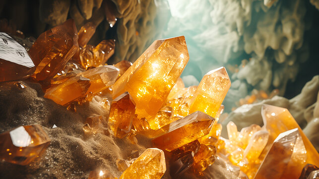 Yellow Topaz Crystal Formation in a Cave, Authentic Beauty of Natural Gemstone. Treasure, Value, Ancient Energy. Jewellery, Luxury, Riches of Earth. Wellness, Mindfulness, Mental Health, Connection