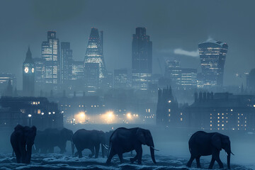 Snow-dusted elephants and Londons skyline at twilight. Climate change