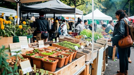 A sustainable living fair, with booths offering eco-friendly gardening tools and seeds, showing brands' alignment with sustainability.