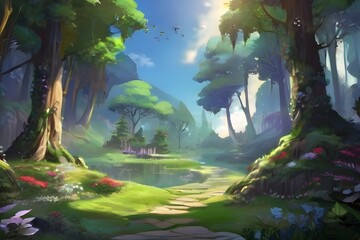 Fototapeta na wymiar image of magical forest scene with lush greenery with anime style Generative AI