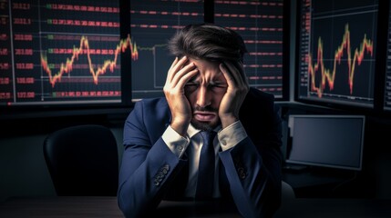Trader under stress with screens displaying falling stock charts, a dramatic financial moment. - obrazy, fototapety, plakaty