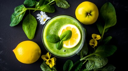 Top view of a nutrient-packed green smoothie with crisp apple and lemon, ready to energize. - obrazy, fototapety, plakaty
