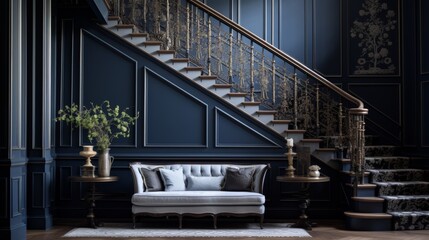 Classic elegance reimagined, a navy staircase in a stately manor, inviting secretive whispers. - obrazy, fototapety, plakaty