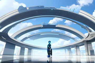 ゲーム背景風未来都市宇宙ステーション飛行場ホールとお出迎えアンドロイド