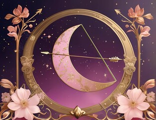  12星座ゾディアックアールヌーボー風アンティーク 花と射手座 ファンタジーイラスト