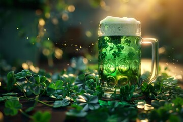 A festive mug of green beer surrounded by clover leaves celebrating Saint Patrick's Day.