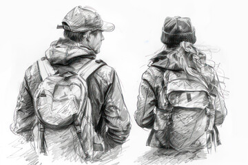 Obraz premium Pencil Sketch art of a couple hiking in forest, adventure
